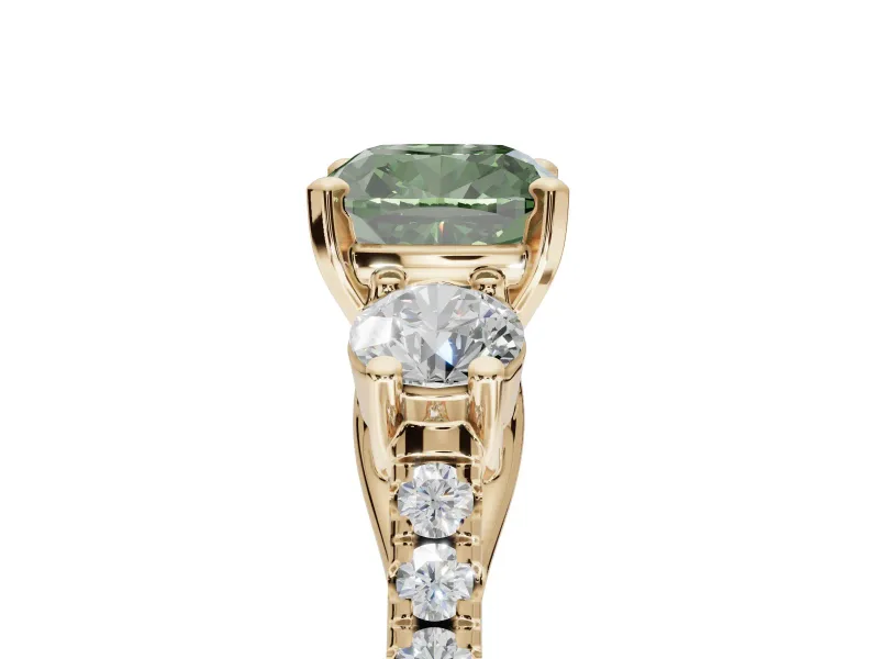 Cushion Cut Three-Stone Engagement Ring Setting for a Fancy Green Lab-Grown Diamond | Yellow Gold