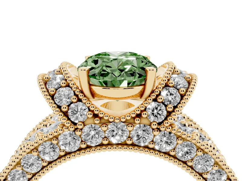 Oval Vintage Pave Engagement Ring Setting for a Fancy Green Lab-Grown Diamond | Milgrain Edges | Yellow Gold