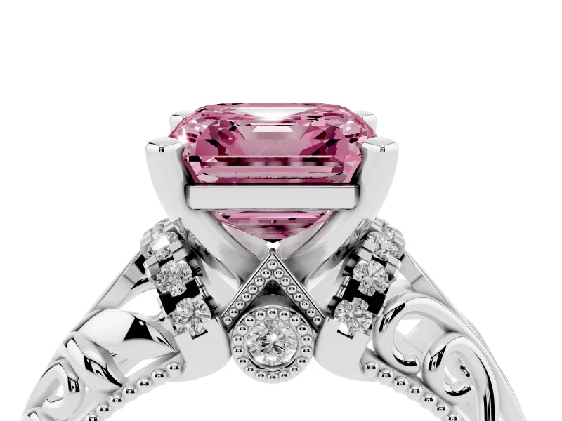 Fancy Pink Asscher Cut Diamond Filigree Halo Engagement Ring Set in Platinum with Prong Setting