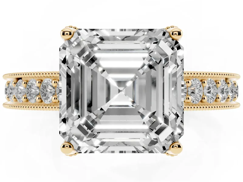 Asscher Cut Vintage Hidden Halo Engagement Ring Setting | Milgrain Pave Band | Yellow Gold