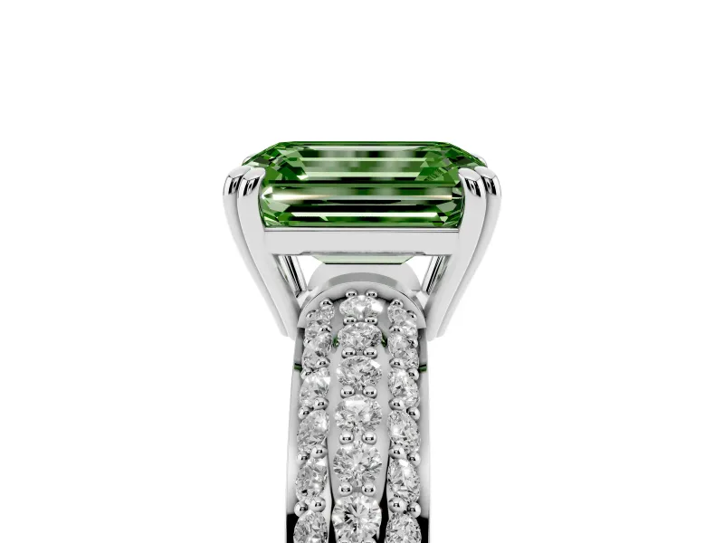 Emerald Cut Three Row Pave Engagement Ring Setting for a Fancy Green Lab-Grown Diamond | Double Claws | Sterling Silver