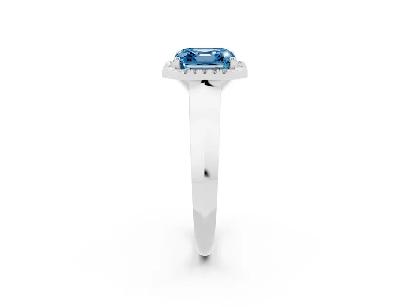 Fancy Blue Asscher Cut Diamond Halo Ring Set in Platinum with Cathedral Band and Prong Setting
