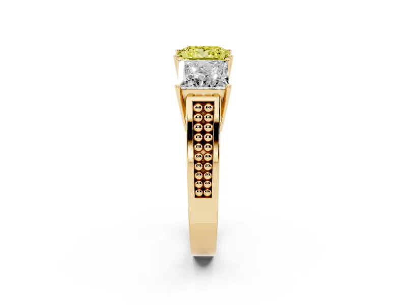 Princess Cut Three Stone Engagement Ring Setting for a Fancy Yellow Lab-Grown Diamond | Beaded Shoulders | Yellow Gold