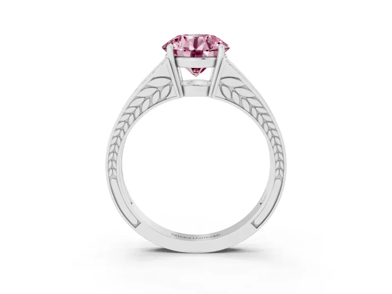 Fancy Pink Round Cut Diamond Split Shank Ring Set in Platinum with Pavé Band and Prong Setting