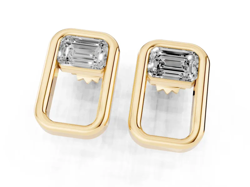 Emerald Cut Lab-Grown Diamond East-West Open Frame Stud Earrings | Polished Frame | Yellow Gold