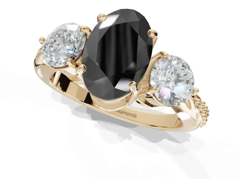 Oval Three Stone Engagement Ring Setting for a Black Center | Tapered Pavé Band | Yellow Gold