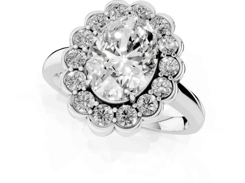 Oval Scalloped Cluster Halo Engagement Ring Setting | Plain Band | White Gold
