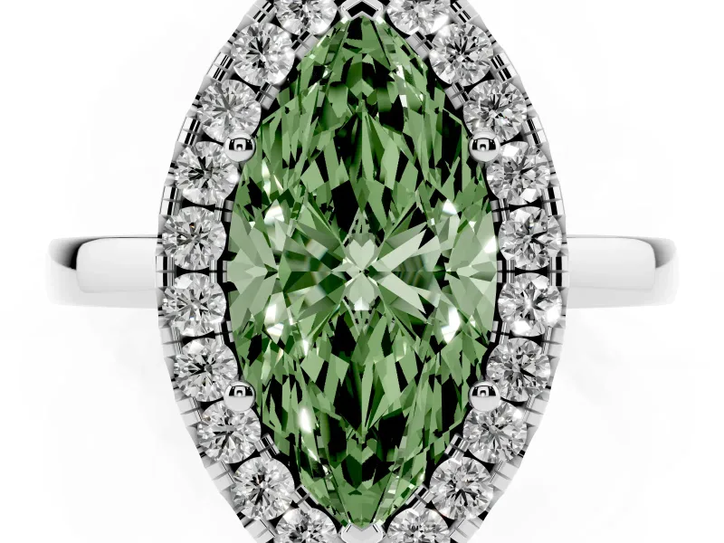 Fancy Green Marquise Cut Diamond Halo Solitaire Ring Set in Platinum with Pavé Band and Prong Setting