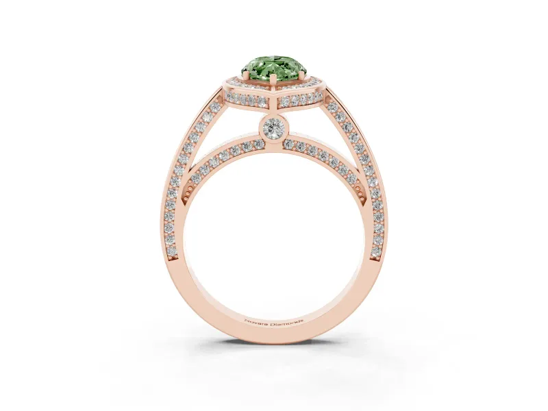 Fancy Green Marquise Cut Diamond Halo Pavé Split Shank Ring Set in Rose gold with Prong Setting