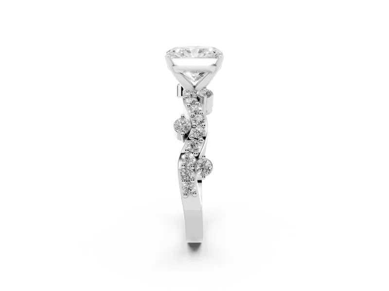 Radiant Cut Twisted Pavé Solitaire Engagement Ring Setting | Bar Stations | White Gold