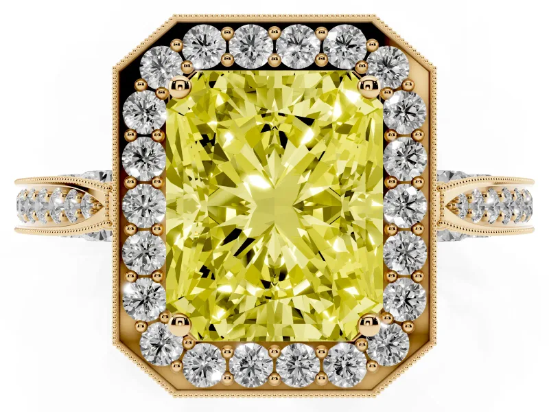 Radiant Cut Milgrain Halo Engagement Ring Setting for a Fancy Yellow Lab-Grown Diamond | Side Stones | Yellow Gold