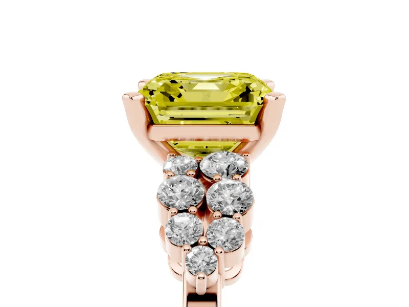 Fancy Yellow Asscher Cut Diamond Cluster Engagement Ring Set in Rose gold with Pavé Band and Prong Setting