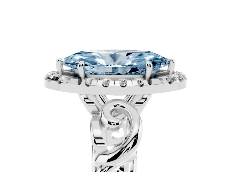 Fancy Blue Marquise Cut Diamond Halo Ring Set in Platinum with Scrollwork Band and Prong Setting