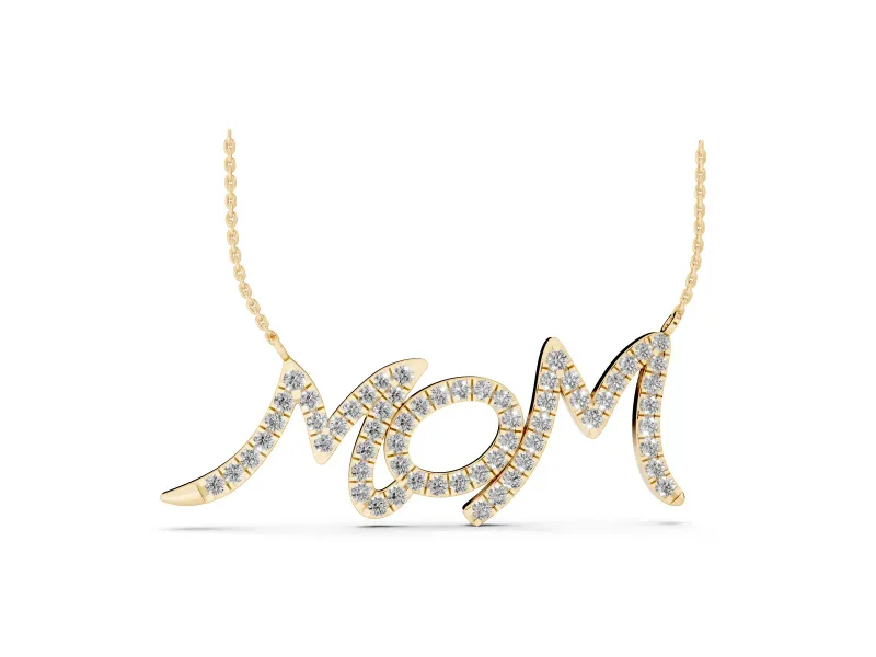 Round Lab-Grown Diamond Pavé Mom Script Pendant Necklace | Connected Letters | Yellow Gold
