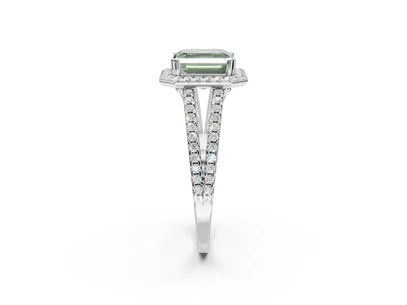 Asscher Cut Halo Split Shank Engagement Ring Setting for a Fancy Green Lab-Grown Diamond | Pavé Shoulders | Platinum