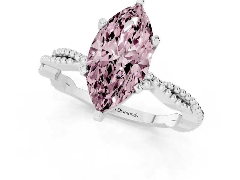 Fancy Pink Marquise Cut Diamond Solitaire Ring Set in Silver with Twisted Band and Bead Prong Setting