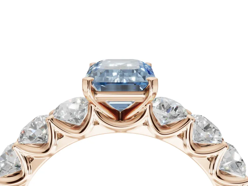 Emerald Cut Side Stone Engagement Ring Setting for a Fancy Blue Lab-Grown Diamond | Scalloped Prong Accents | Rose Gold