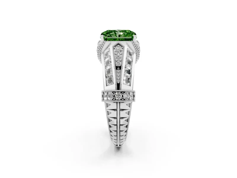 Fancy Green Radiant Cut Diamond Vintage-Inspired Milgrain Ring Set in Platinum with Accent Split Shank