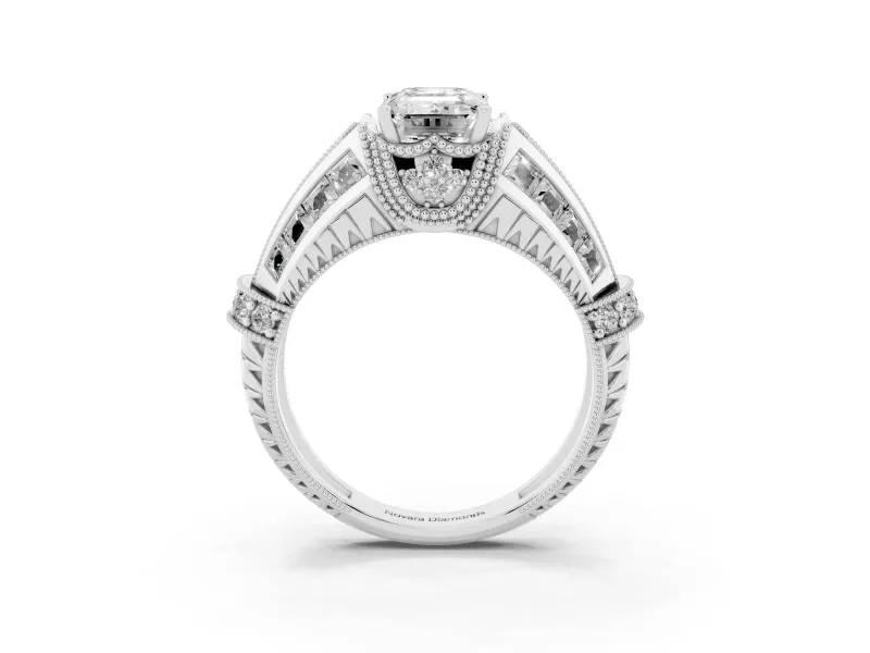 Emerald Cut Diamond Vintage-Inspired Milgrain Ring Set in Silver with Accent Split Shank
