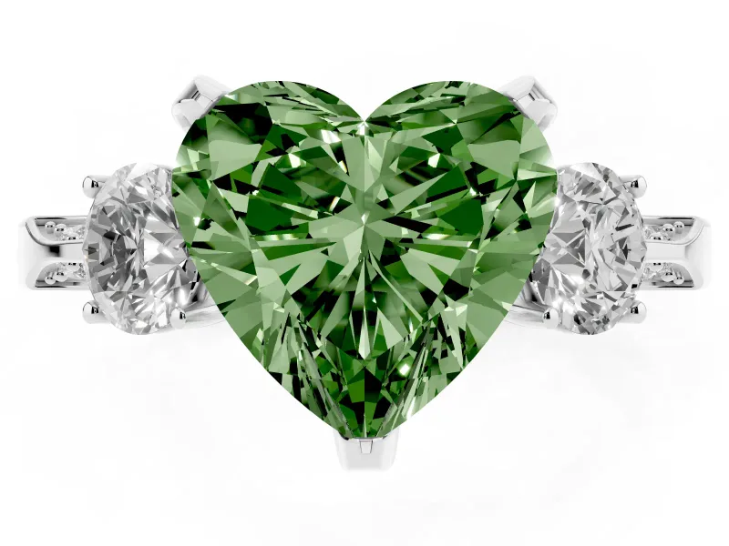 Heart-Shaped Hidden Halo Three Stone Engagement Ring Setting for a Fancy Green Lab-Grown Diamond | Platinum