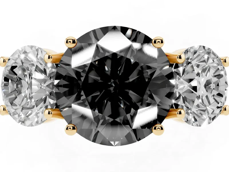 Round Three Stone Engagement Ring Setting for a Black Center | Accented Shoulders | Yellow Gold