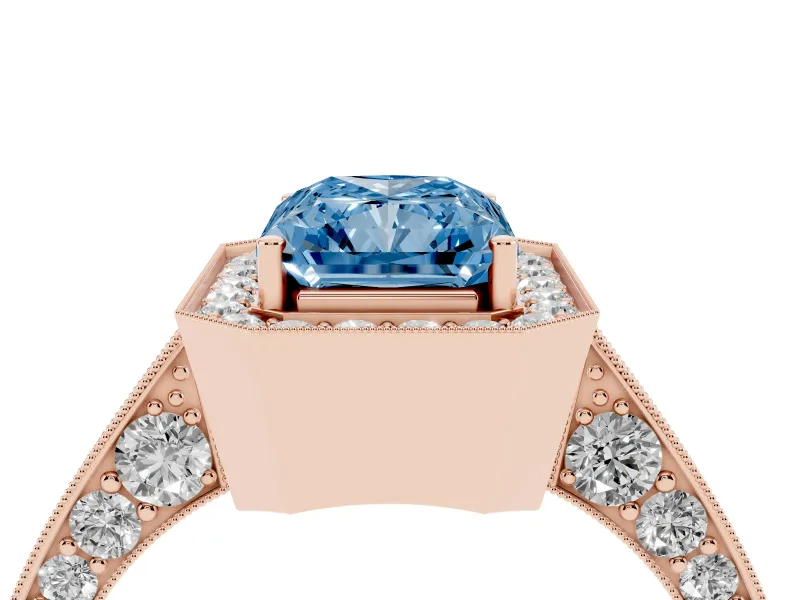 Radiant Cut Milgrain Halo Engagement Ring Setting for a Fancy Blue Lab-Grown Diamond | Side Stones | Rose Gold