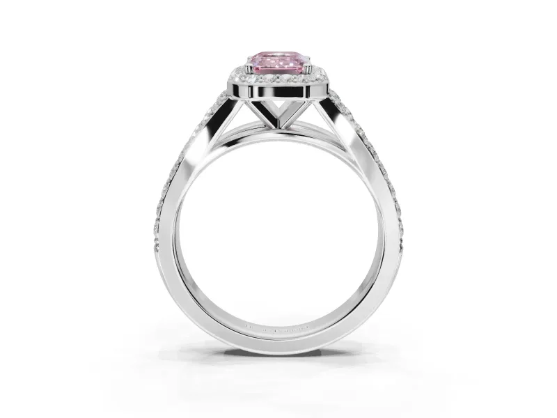 Emerald Cut Halo Pavé Engagement Ring Setting for a Fancy Pink Lab-Grown Diamond | Narrow Split Shank | Platinum