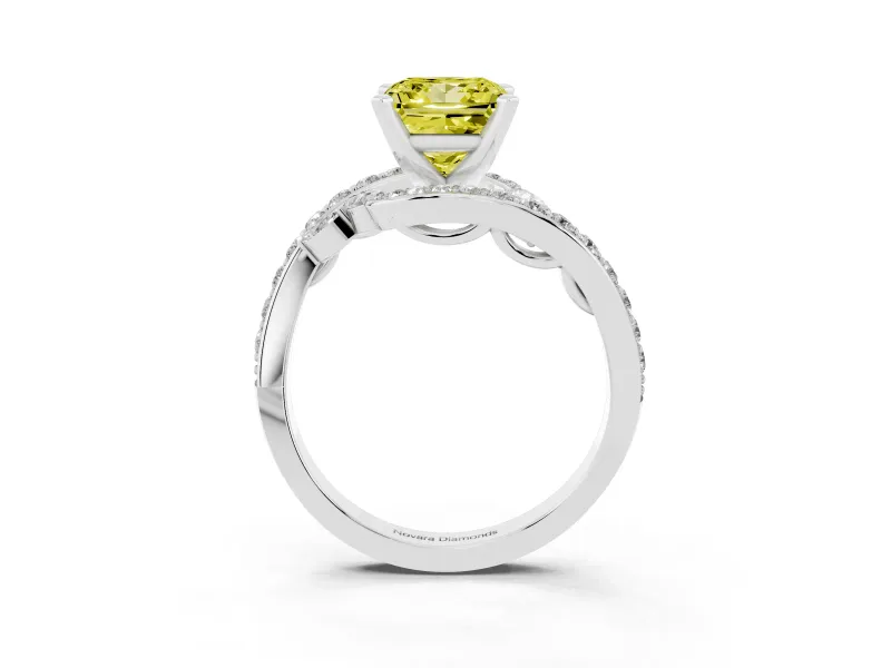Fancy Yellow Princess Cut Diamond Solitaire Ring Set in Platinum with Pavé Twist Band and Secure Prong Setting