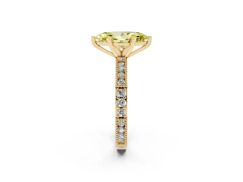 Fancy Yellow Marquise Cut Diamond Solitaire Ring Set in Yellow gold with Slim Pavé Band and Prong Setting