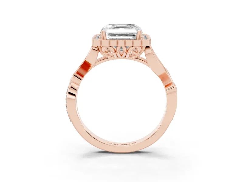 Asscher Cut Vintage Leaf Halo Engagement Ring Setting | Graduated Vine Shank | Rose Gold