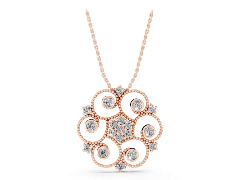 Round Lab-Grown Diamond Milgrain Flower Medallion Pendant Necklace | Bezel Petals | Rose Gold