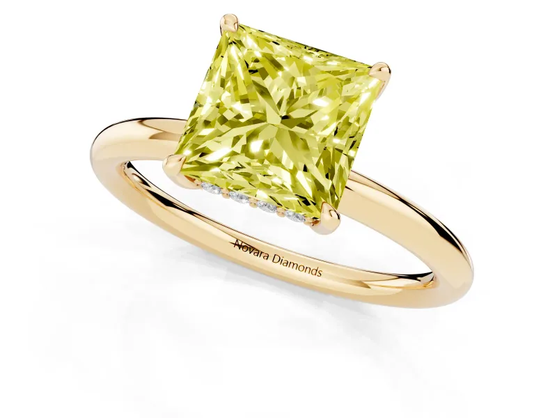 Fancy Yellow Princess Cut Diamond Solitaire Ring Set in Yellow gold with Thin Band and Prong Setting