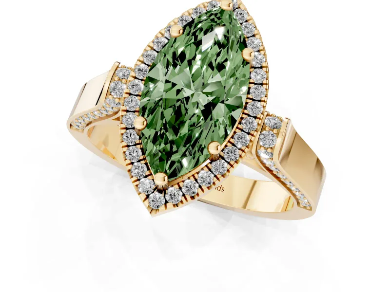 Fancy Green Marquise Cut Diamond Halo Ring Set in Yellow gold with Pavé-Lined Split Shank Band