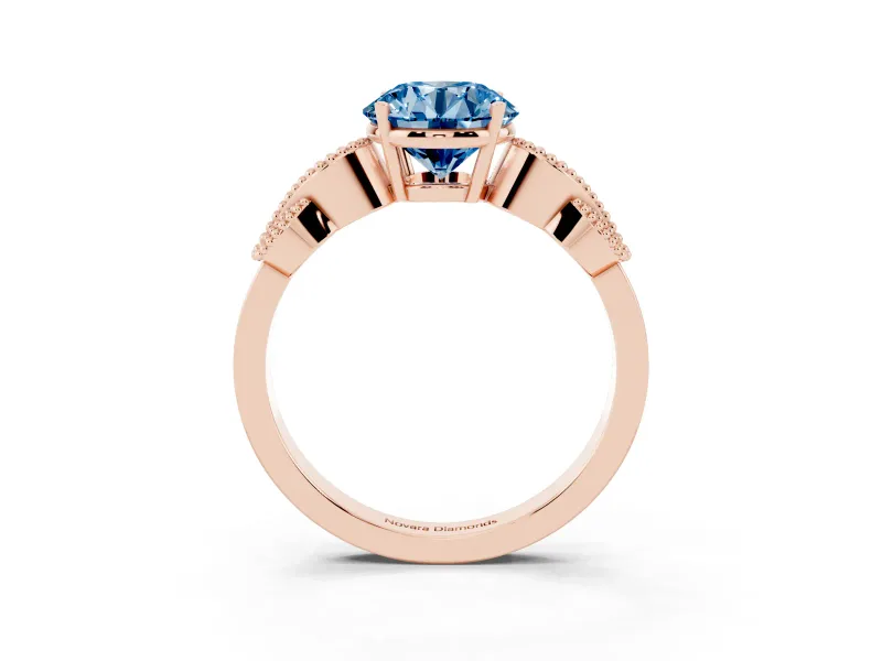 Fancy Blue Round Cut Diamond Milgrain Leaf Band Solitaire Ring Set in Rose gold with Accent Stones and Prong Setting
