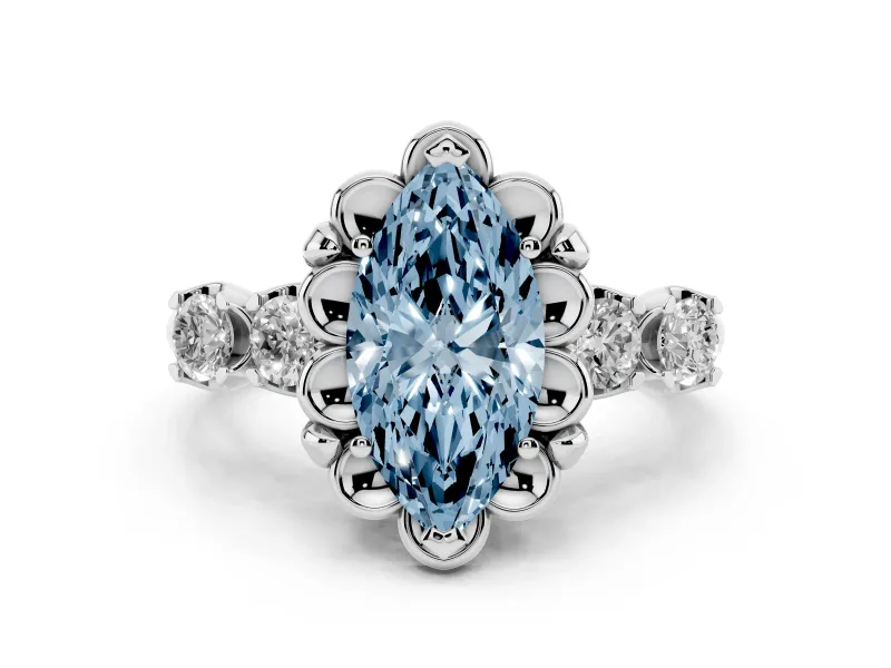 Fancy Blue Marquise Cut Diamond Floral Halo Ring Set in Silver with Shared Prong Band