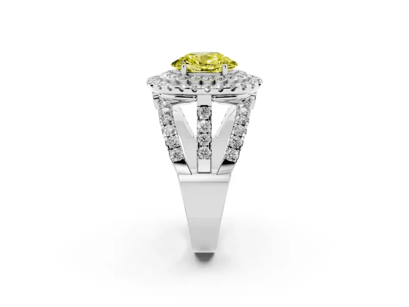 Oval Double Halo Engagement Ring Setting for a Fancy Yellow Lab-Grown Diamond | Pave Split Shank | Sterling Silver