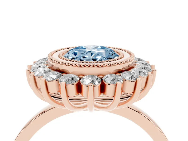 Fancy Blue Oval Cut Diamond Halo Ring Set in Rose gold with Milgrain Edge and Round Prong Setting