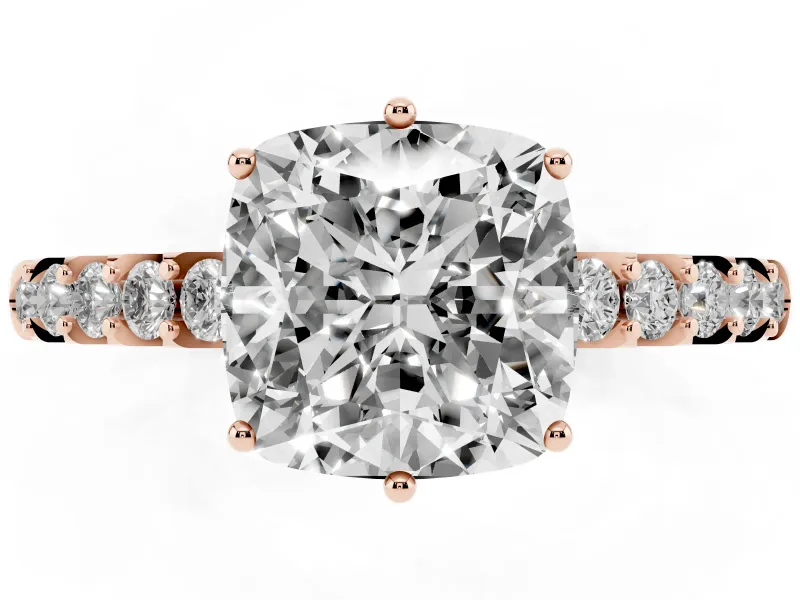 Cushion Cut Hidden Halo Solitaire Engagement Ring Setting | Shared Prong Band | Rose Gold