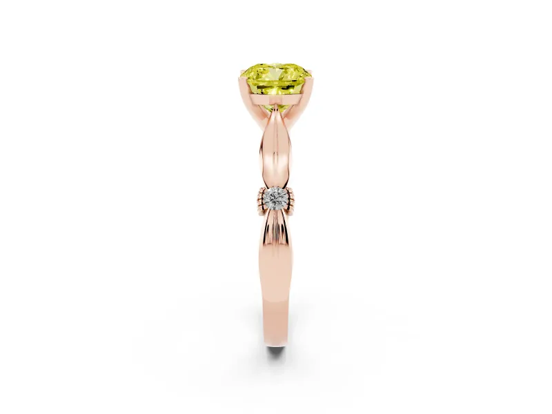 Fancy Yellow Cushion Cut Diamond Solitaire Twisted Band Ring Set in Rose gold with Accent Stones and Prong Setting