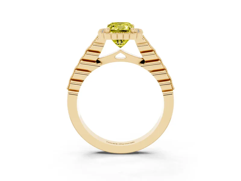 Radiant Cut Milgrain Halo Engagement Ring Setting for a Fancy Yellow Lab-Grown Diamond | Beaded Shoulders | Yellow Gold