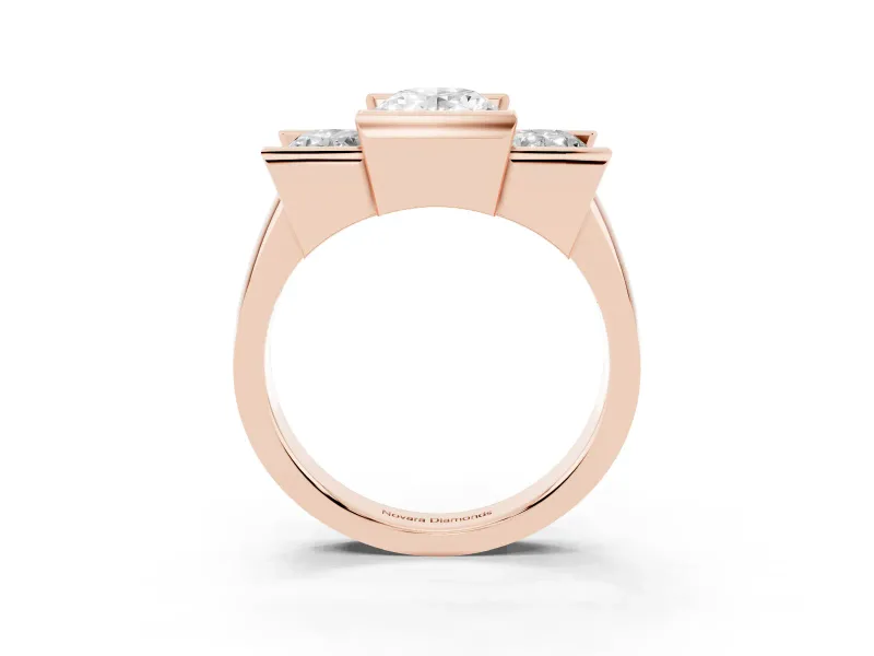 Oval Channel-Set Three Stone Engagement Ring Setting | Wide Flat Band | Rose Gold
