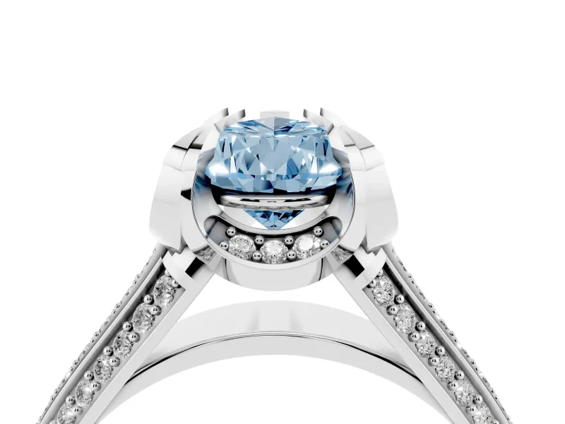 Fancy Blue Pear Cut Diamond Pavé Split Shank Solitaire Ring Set in Silver with Prong Setting