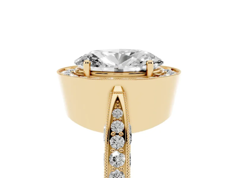 Oval Vintage Milgrain Halo Engagement Ring Setting | Side Stones and Pave | Yellow Gold