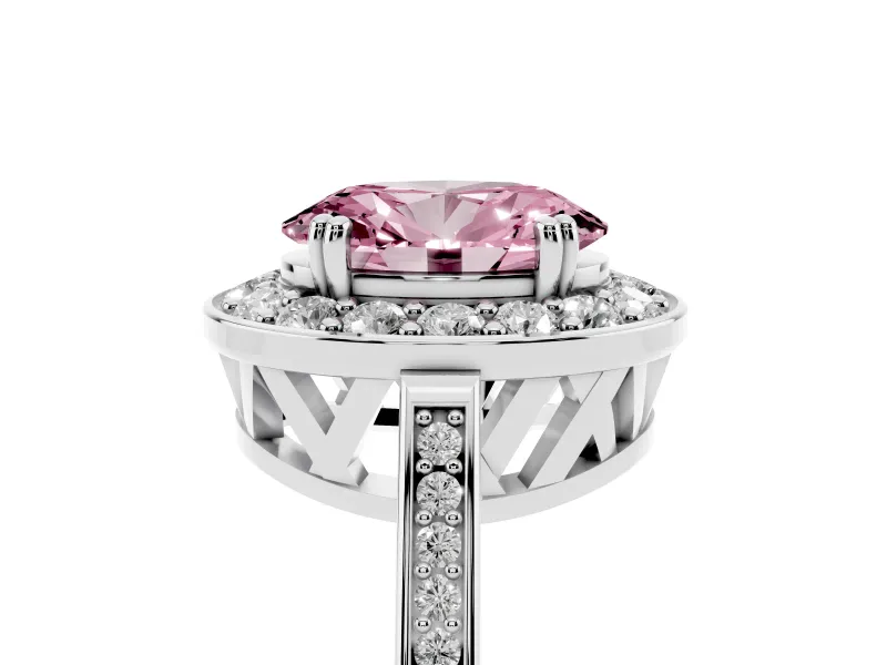 Fancy Pink Oval Cut Diamond Halo Ring Set in Platinum with Accent-Lined Split Shank and Prong Setting