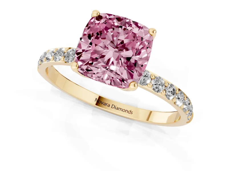 Cushion Cut Pave Solitaire Engagement Ring Setting for a Fancy Pink Lab-Grown Diamond | Slim Band | Yellow Gold