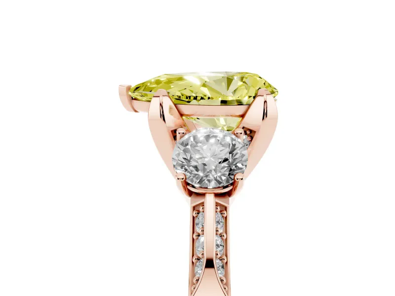 Pear-Shaped Hidden Halo Three Stone Engagement Ring Setting for a Fancy Yellow Lab-Grown Diamond | Rose Gold