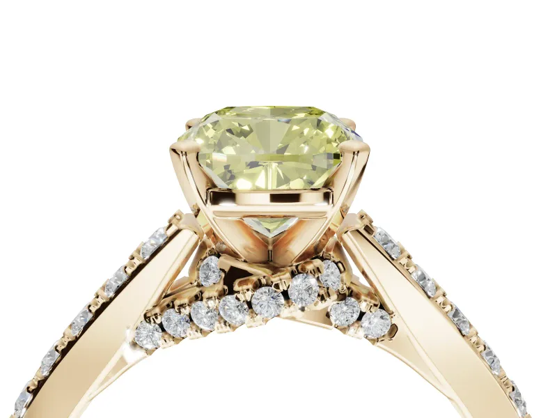 Cushion Cut Pavé Engagement Ring Setting for a Fancy Yellow Lab-Grown Diamond | Crossover Gallery | Yellow Gold
