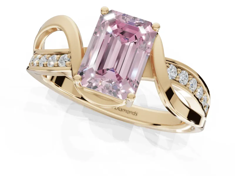 Emerald Cut Bypass Solitaire Engagement Ring Setting for a Fancy Pink Lab-Grown Diamond | Pavé Strands | Yellow Gold