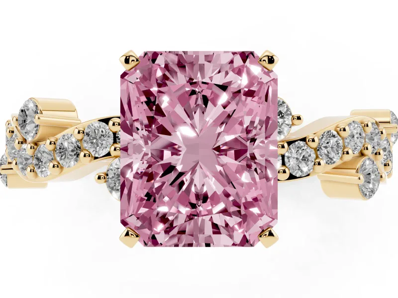 Radiant Cut Twisted Pavé Engagement Ring Setting for a Fancy Pink Lab-Grown Diamond | Bar Stations | Yellow Gold