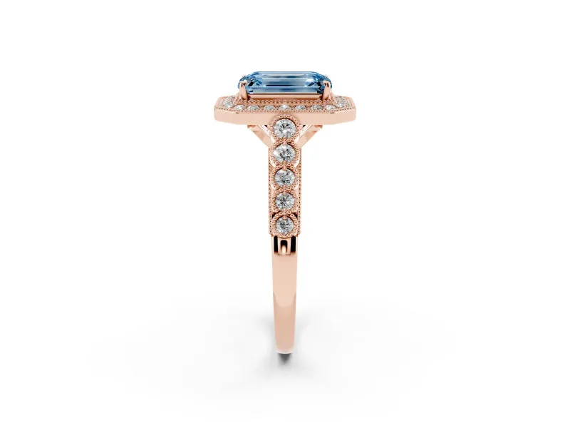 Emerald Cut Graduated Milgrain Halo Engagement Ring Setting for a Fancy Blue Lab-Grown Diamond | Rose Gold